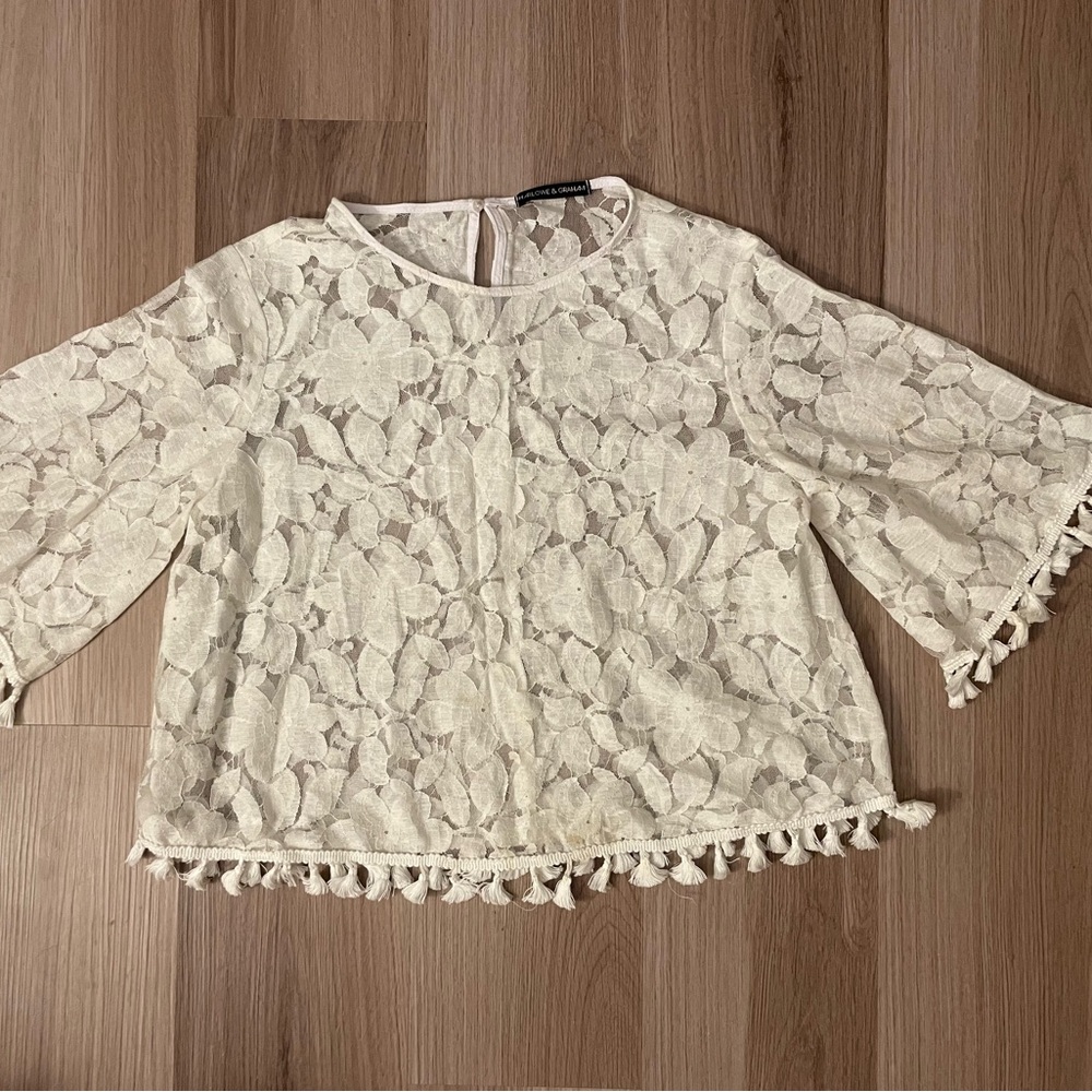 Harlowe & Graham White Lace Blouse with Tassels